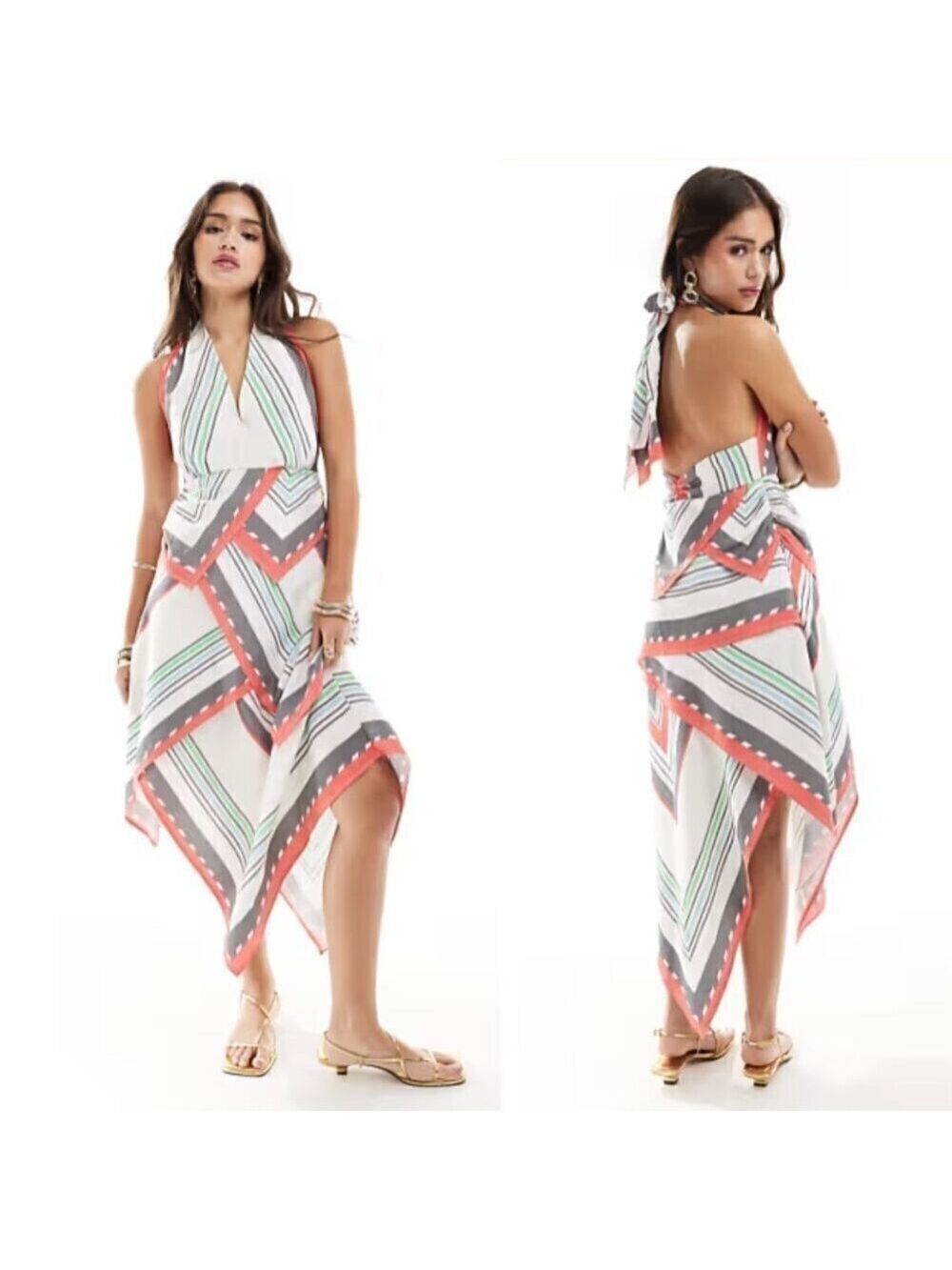 NWT Asos Halter Neck Hi-Low Hem Midi Dress Scarf Border Print 4